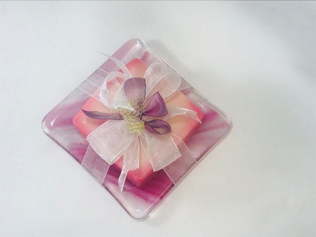 Pink Fused Glass Soap Dish With Soap